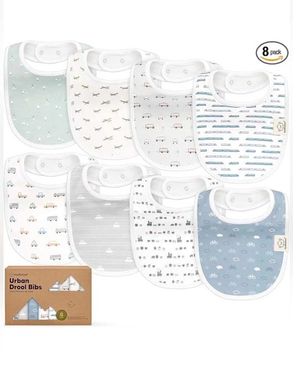 KeaBabies 8-PACK Organic Baby Bibs. Extra Absorbent, Easy To Clean & Put On. New